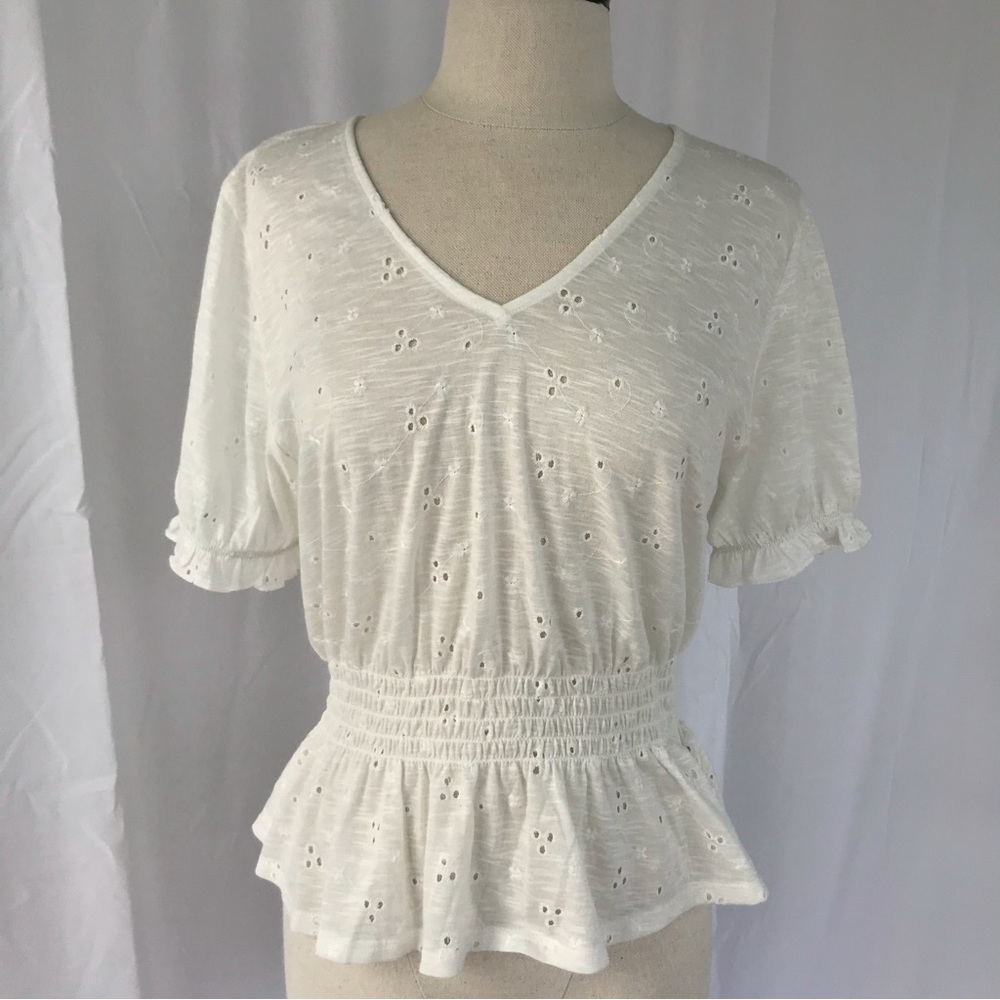 Francesca’s Jun & Ivy White Ivory Eyelet Puff Sleeves Smock Waist Top NWT